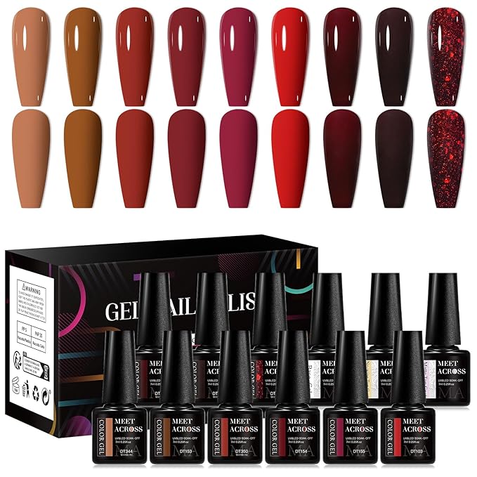 MEET ACROSS 9 Colors Gel Nail Polish + 3PCS Function Gel Nail Polish Kit,Fashion Nail Art Set Design Gifts for Women Manicure Salon (SET6, 12pcs)
