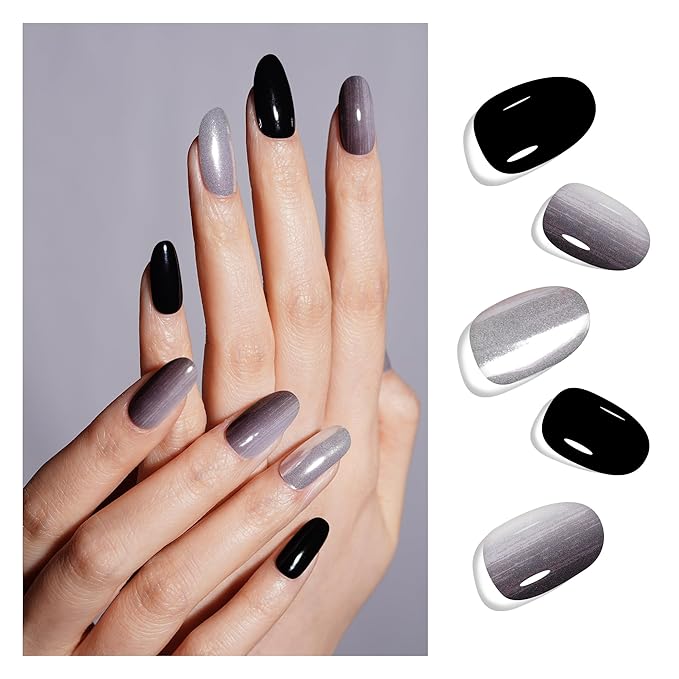 DANNI & TONI Semi Cured Gel Nail Strips Black Silver Ombre (Moon Veil) Mirror Gel Nail Wraps 28 Stickers