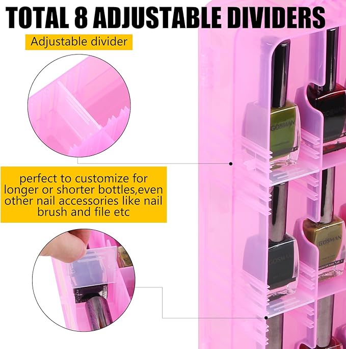 Universal Nail Polish Holder Gel Nail Polish Organizer Case for 48 Bottles Adjustable Dividers Space Saver,Double Sided Storage for Nail Bottles Mini Cars Threads Essential Oils (Pink)