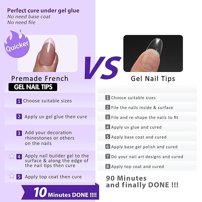 Gel French Tip Nails Medium Almond French Tip Press on Nails SXVME White French Nail Tips 150Pcs Pre-applied Tip Primer Natural Skin Tones Fake Nails Extensions Gel Nail Kit for Women Girls DIY
