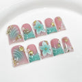 Luxury Handmade Press on Nails Medium Duck Fake Nails Blue French Tip False Nails with Ocean 3D Floral Art Ombre Design Acrylic Nails Handmade Stick on Nail for Women Manicure 10Pcs (Size M)