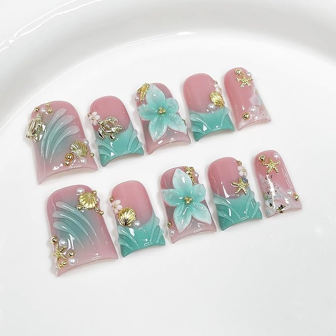 Luxury Handmade Press on Nails Medium Duck Fake Nails Blue French Tip False Nails with Ocean 3D Floral Art Ombre Design Acrylic Nails Handmade Stick on Nail for Women Manicure 10Pcs (Size M)