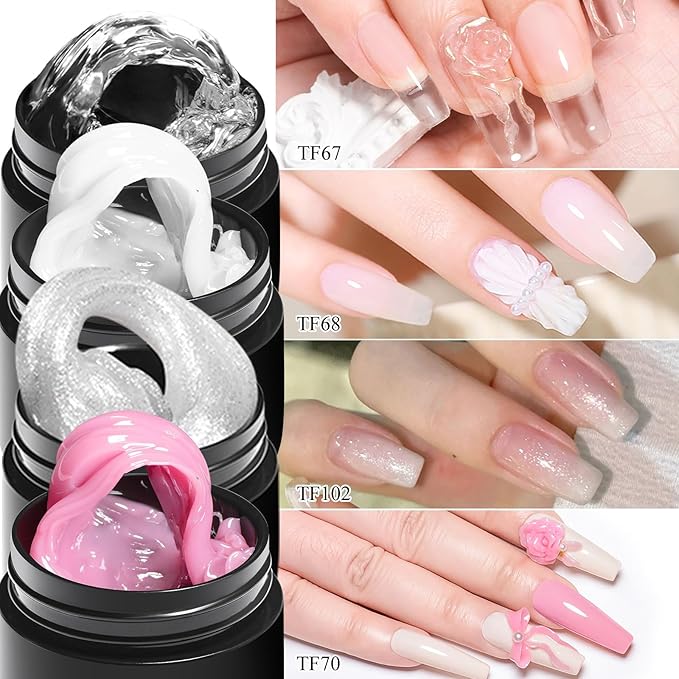 MEET ACROSS All-in-One Extension Mini Kit Non-Sticky Builder Gel Starter Kit WIth Base & Top Coat/Dual-Silicone Pen/Pro File/20-Pc Reusable Dual Forms Salon-Grade Extensions (Clear+White+Glitter+Pink)