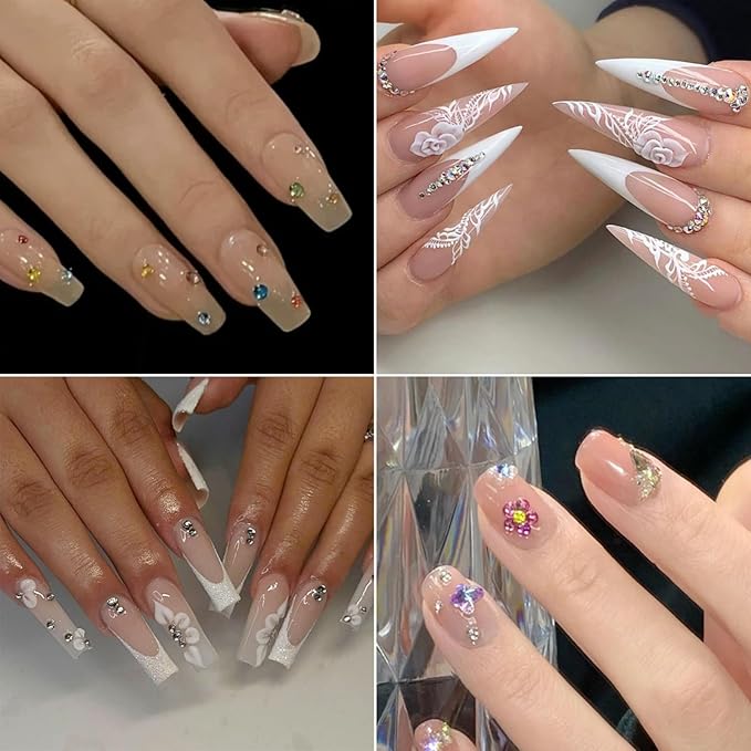 5 Boxes Shiny Colorful Nail Art Rhinestones Nail Stone Gems Design Kit 2-6mm Flatback Round Clear Solid Color Nail Gems with a Curved Tweezers and a Nail Brush (Solid Color kit)