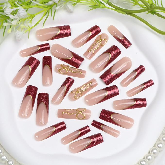Long Press on Nails Square Fake Nails with Red Glitter French Tip Gold Line Bow Designs Nude Full Cover Glue on Nails Press ons Glossy Acrylic Stick on Nails for Women 24 Pcs