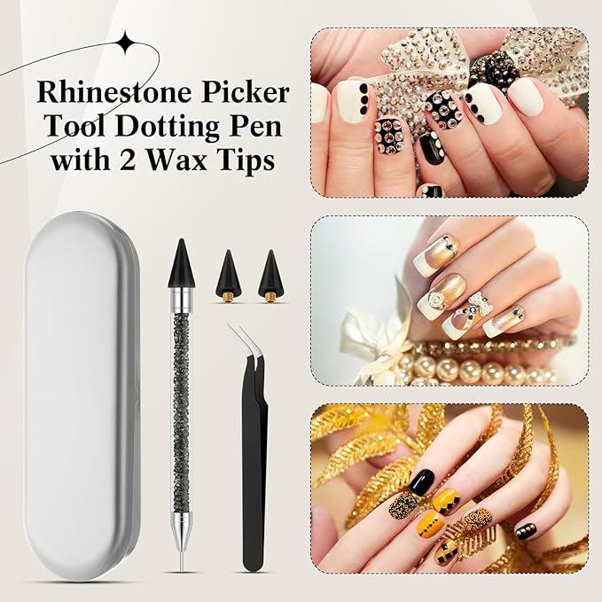 Tatuo Rhinestone Picker Tool Set Wax Pen for Rhinestones Diamond Art Painting Dual Head Dotting Pen with 2 Extra Wax Tips and 1 Nail Art Tweezer for Nail Art DIY Crafts(Black)