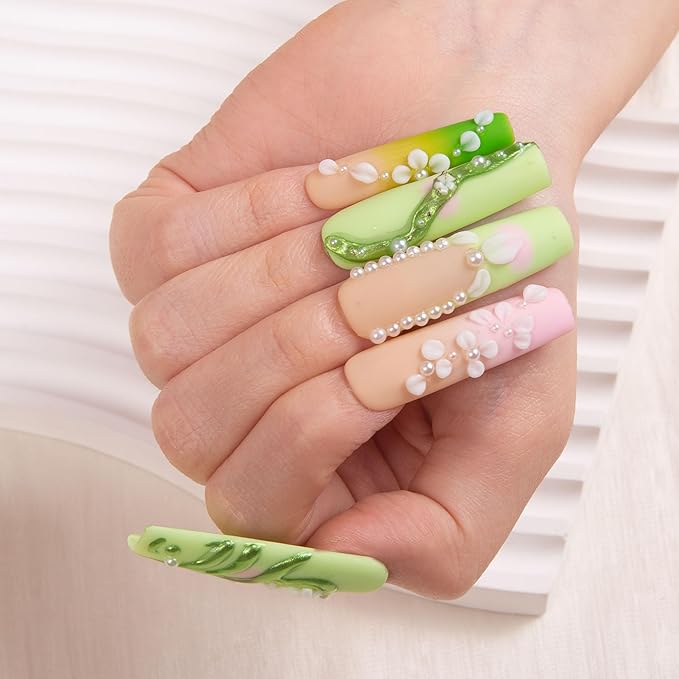 LOVFUL Press on Nails Green Fairy| Handmade with Full Covered Crystals| Reusable Fake Nails| Square Mid length 1.7in| H246-L