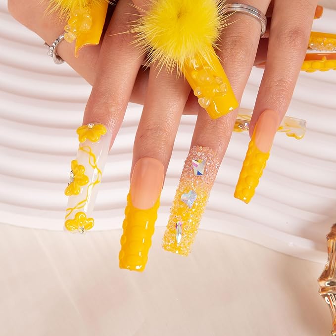 LOVFUL Press on Nails Yummy| Handmade with Full Covered Crystals| Reusable Fake Nails| Square Mid length 1.7in| H131-S