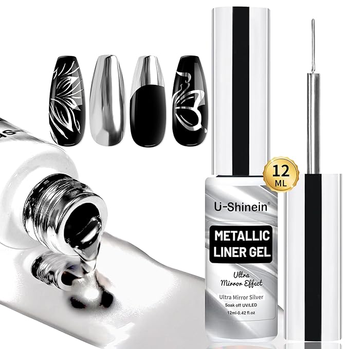 12ml Metallic Painting Gel Liner Nail Art 3D Mirror Chrome Effect Nail Polish Metal Painted Drawing Build in Thin Brush Soak Off UV/LED Ultra Mirror Silver Gel for Nail Art Manicure