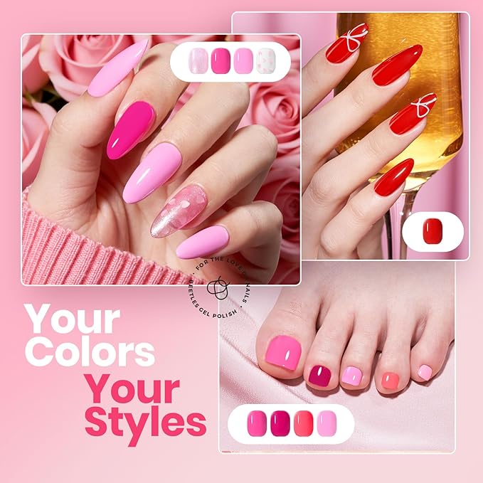 Beetles Valentine Nail Polish - Love's Prism 12 Colors Valentine Pink Nail Polish Set 5ml/0.17 Fl Oz, Salon Long Lasting DIY Nails Art Spring Valentines Nails Gifts for Her