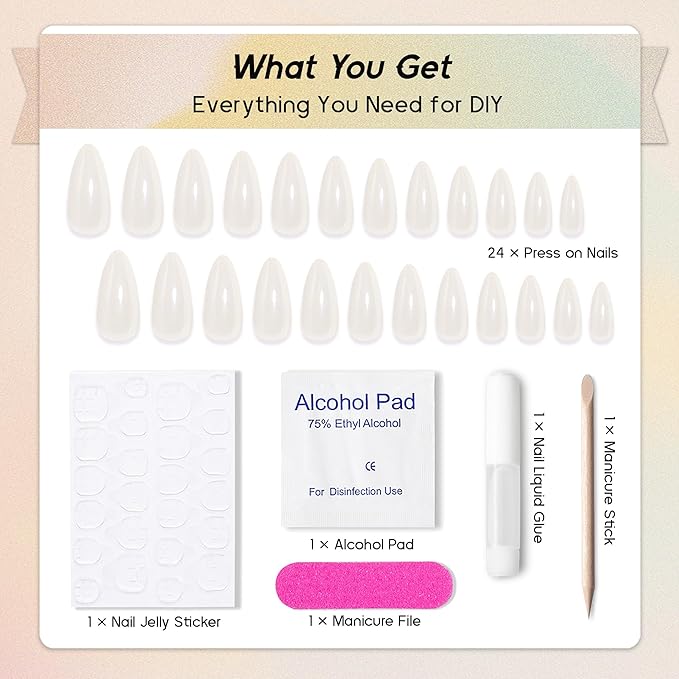 Chrome Press On Nails Almond, Glazed Pearl White Glue on Nails Medium Press Ons, Acrylic Natural Fit Stick on Nails in 12 Sizes - 24Pcs Fake Nail Kit for Women Daily & Party Wear