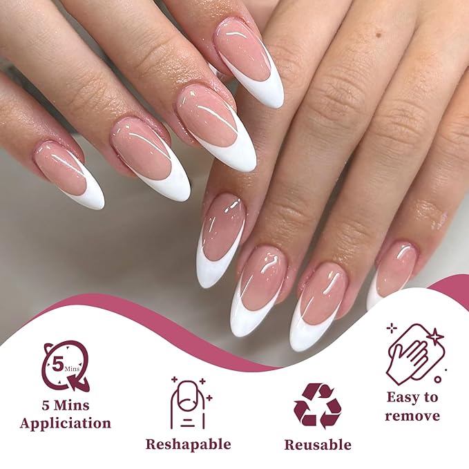 120PC White French Tip Press on Nails Medium Fake Nails Press ons with 5*Adhesive Tabs, Pink Almond Acrylic Nail Press on Nail French Tip Nails False Artificial Fingernails Stick on Nails-K