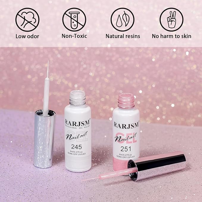 RARJSM Pearl Nail Art Gel Liner 2 Pcs Set Pearlescent Milky Silver White and Pink Shell Glitter Swirl Effect Gel Nail Polish 8ml Build in Thin Brush Painted Drawing Striper GelPolish Curing Requires
