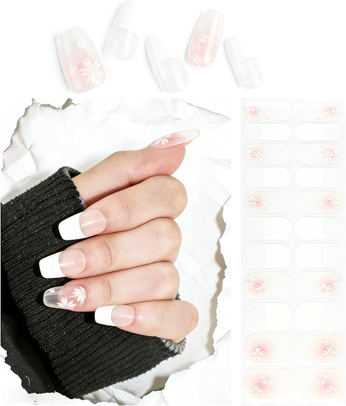 Semi Cured Gel Nail Strips White Flower French Tips Nail Strips with UV/LED Required Long Lasting Gel Nail Stickers for Spring Includes 22 Strips 2 Prep Pads, Nail File & Wooden Stick