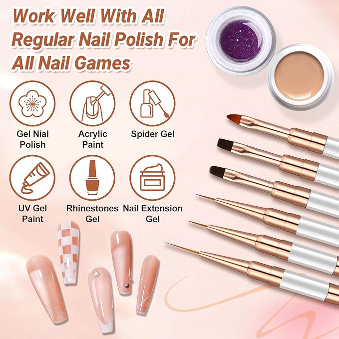 Double-Ended Acrylic Nail Art Liner Brushes, 6Pcs Gel Polish Nail Art Design Pen Painting Tools Set For Nails, Dotting Drawing Tool Polygel Brush for Long Lines, Thin Details, Fine Drawing