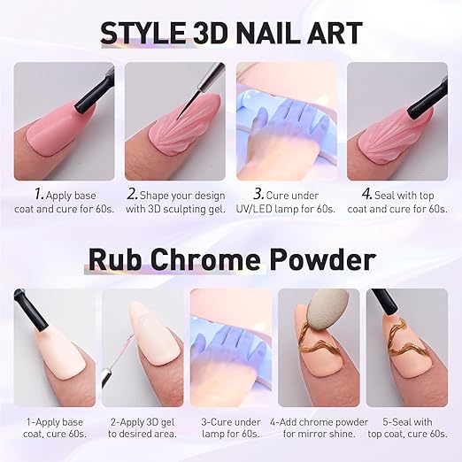 3D Nail Sculpting Gel 20g– Professional Carving & Shaping Gel for Nail Art, Rhinestones & Charms, Compatible with Chrome Powder Effects, Long-Lasting UV/LED Cure Formula
