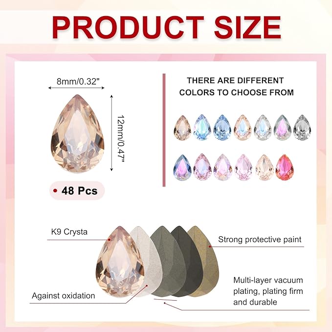 MECCANIXITY 48 Pcs 3D Teardrop Rhinestones Diamond Nail Charm Crystal Pointback K9 Glass Rhinestones Crystal Gems for Jewelry Making, Craft, 8x12mm, Light Gold