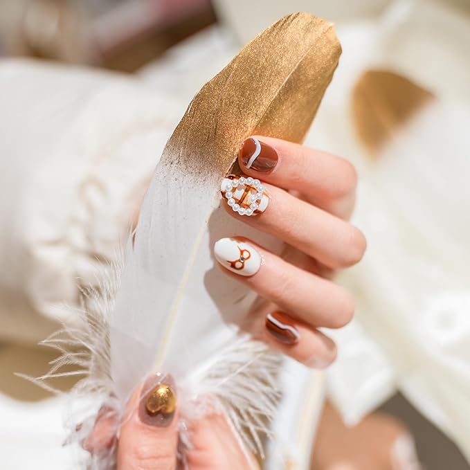 Sun&Beam Nails Handmade Press-on Short Round Brown White 3D Pearl Hand-Painted Design Fashion False Nail Tips 10 Pcs Set (#213 S)