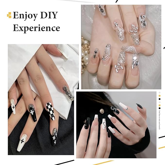 Gel Nail Art Polish Set with Thin Brush – 4 Colors White Gel Nail Polish Black Silver Glitter Liner for Nail Art Design French Tips Soak Off UV/LED 8ml