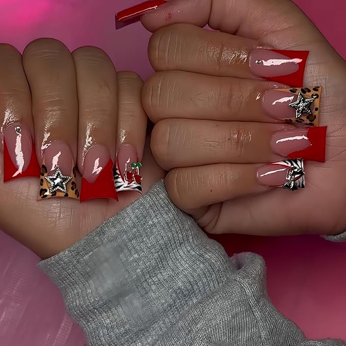Red French Tip Glue On Nails Leopard Print 24Pcs Glossy Reusable Artificial Acrylic Full Cover False Nails