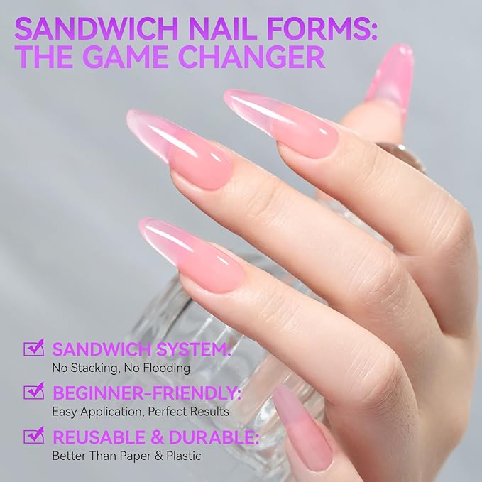 Gelike EC Nail Forms for Builder Gel: Reusable Almond Sandwich Dual Forms for Acrylic & Polygel - 240Pcs 15 Sizes, Nail mold for Flat & Arched Nails - Creates Short to Long Styles