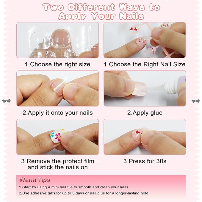 SIUSIO 3Pack Children Acrylic Fake Nails, 72pcs Press on Full Cover Cherry French Tips Short Almond False Nail Art Kits Set with Sticker Tabs Nail Glue Gel for Kids Little Girls Women - Floral Cherry
