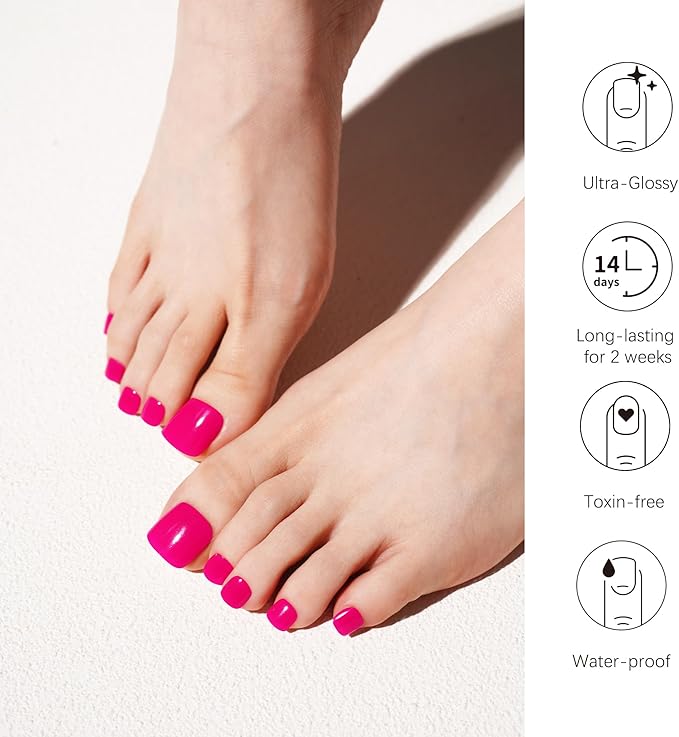 DANNI & TONI Semi Cured Gel Toenail Strips Bright Pink (Miss Fairy) Fushcia Gel Toenail Stickers Solid Color 37 Stickers