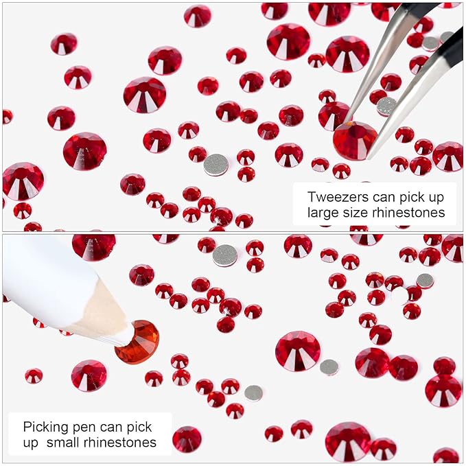 4240Pcs Flatback Red Rhinestones Glass Crystal Diamonds for Nail Art Eye Jewels Glitter Round with Tweezers and Picking Pen (SS6~SS20 Set)