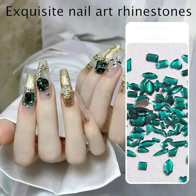 Nail Rhinestones Kit, 18 Types of 900 Special-Shaped Nail Diamonds + 3200 Flat-Bottomed Nail Rhinestones, Green Nail Crystal Rhinestones for Manicure