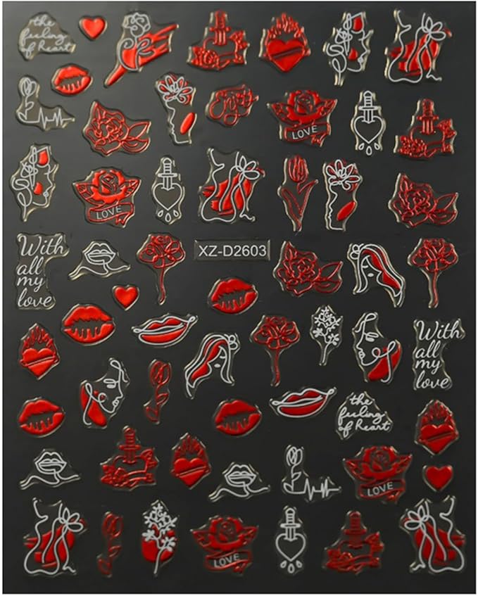 Valentines Nail Art Stickers Heart Nail Decals Glitter Charms Rose 3D Self-Adhesive Lipstick Mark Valentines Day DIY Date Nail Supplies Decorations for Women Girls 6 Sheets
