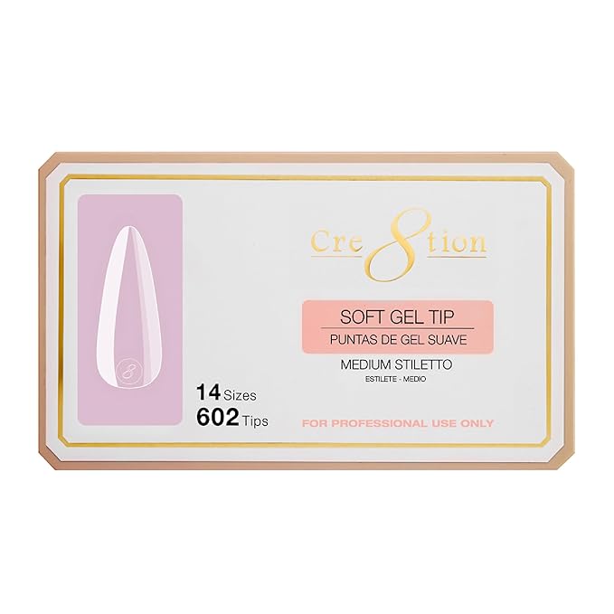 Cre8tion Soft Gel Nail Tips, Medium Stiletto Shape, 602 Tips in 14 Sizes (00-9) for Professional Nail Extensions
