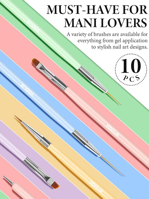 10 Pcs Nail Art Brushes Set, Nail Dotting Tools, French Tip Tool, Nail Art Deign Tools with Builder Gel Brush Polish Extension Brush Thin Liner Detail Painting Brushes, Nail Tech Supplies Kit