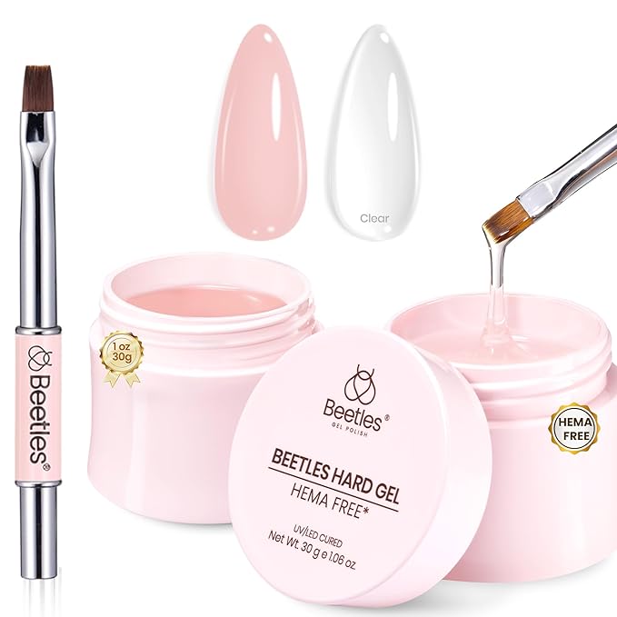 Beetles HEMA-Free Hard Gel for Nails-2 Pcs 1 oz 9 in 1 Clear & Jelly Nude UV & LED Lamp Cured Sculpting Gel for Nail Extension & Nail Repair with Flat Nail Brush High Hardness Nails for Pros Women