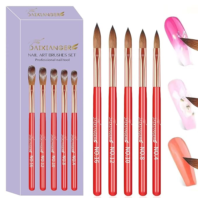 5Pcs New Year Acrylic Nail Art Brush Set -Size 4/8/10/12/16, Red Handle Nail Brushes for Acrylic Application Powder & Nail Extension, 3D Nail Carving Tools for DIY Home Salon Manicure