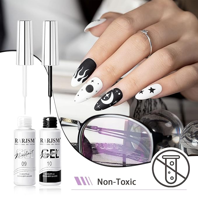 RARJSM Nail Art Gel,Liner Gel Polish,Black White Nail Design Polish Painted GelNailPolish Set 2Pcs Soak off Curing Requires 8ml Build in Thin Brush for Home Salon Diy Nails French Manicure Painting
