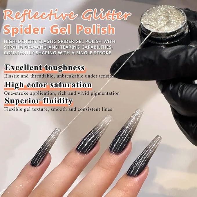 Reflective Glitter Spider Gel, 4 Colors Sparkle Diamond Sliver Gold Pink Elastic Spider Gel Polish, Nail Designs Paint Wire Drawing Gels Polish for Line DIY Manicure Home or Salon Use