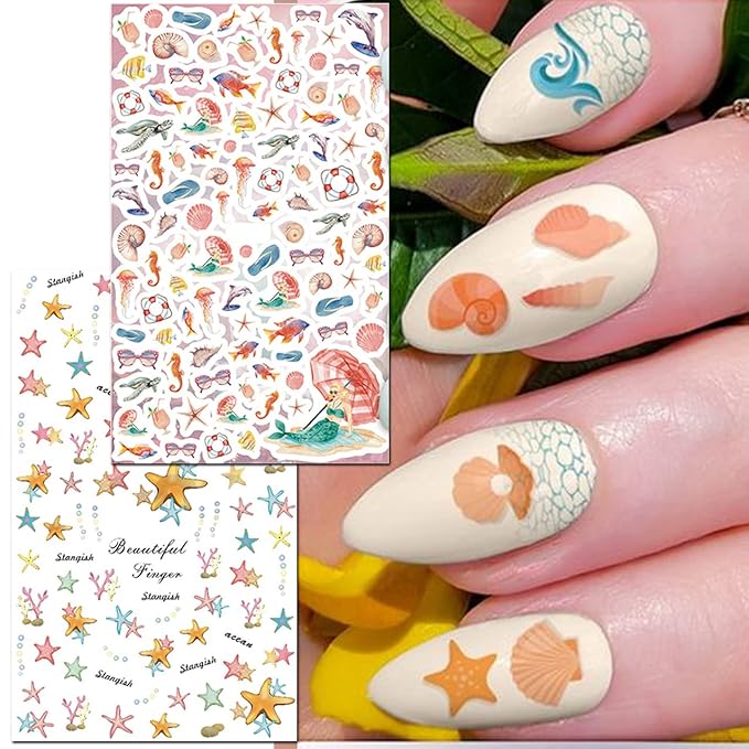 TailaiMei Summer Beach Nail Stickers, 1500+ Pcs Self-Adhesive DIY Nail Art Decals Shark Nautical Turtle Design (12 Sheets)