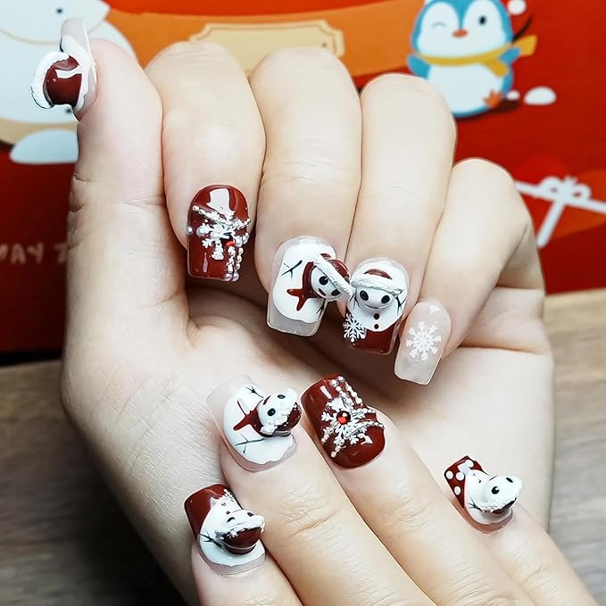 3D Snowman Press on Nails Short Coffin - 3D Embossed Burgundy Red and White Press-on Nails with Snowflakes, Necklace False Nails for Winter (Squeeze Snowman, S)