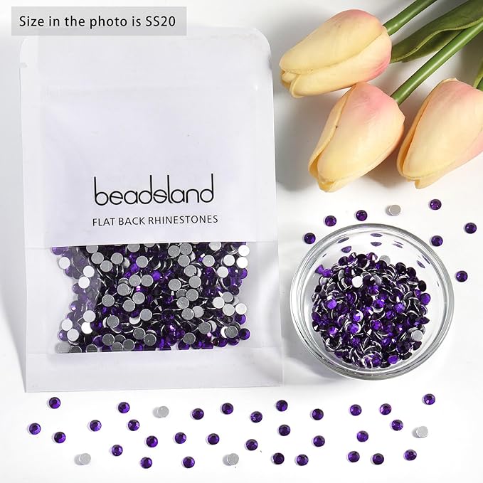 Beadsland 1440pcs Flat Back Crystal Rhinestones Round Gems for Nail Art and Craft Glue Fix, Pure Purple, SS12, 3.0-3.2mm