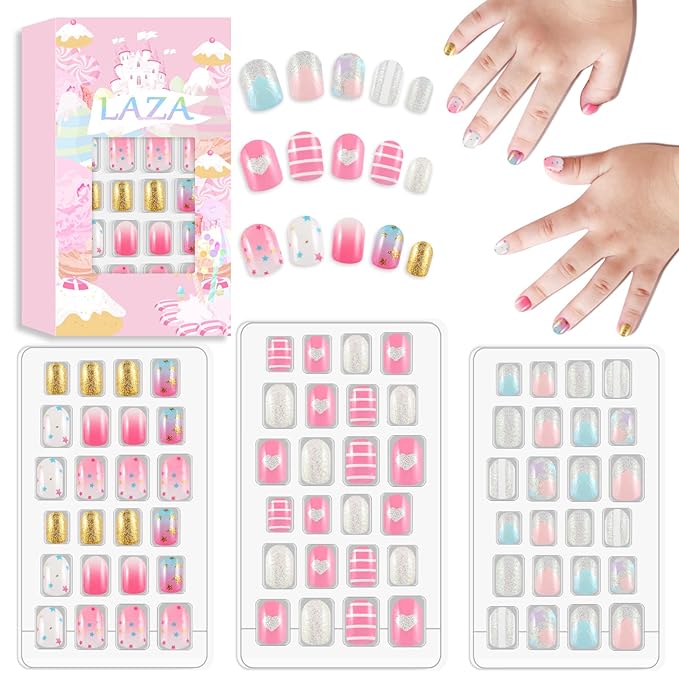 Laza 72pcs Children Nails Press On Pre-glue Full Cover Gold Silver Glitter Pink Blue Shell Star Heart Short False Nail Kits for Kids Teenager Girls - Glitter Stars