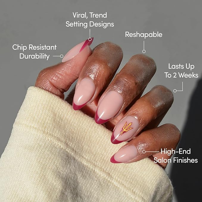 Glamnetic x Fanatics Press On Nails - Arizona State Sun Devils | Short Almond Fake Nails, Collegiate Devils Maroon French Tips, College Nails, Salon-Quality | 15 Sizes - 30 Nail Kit with Glue