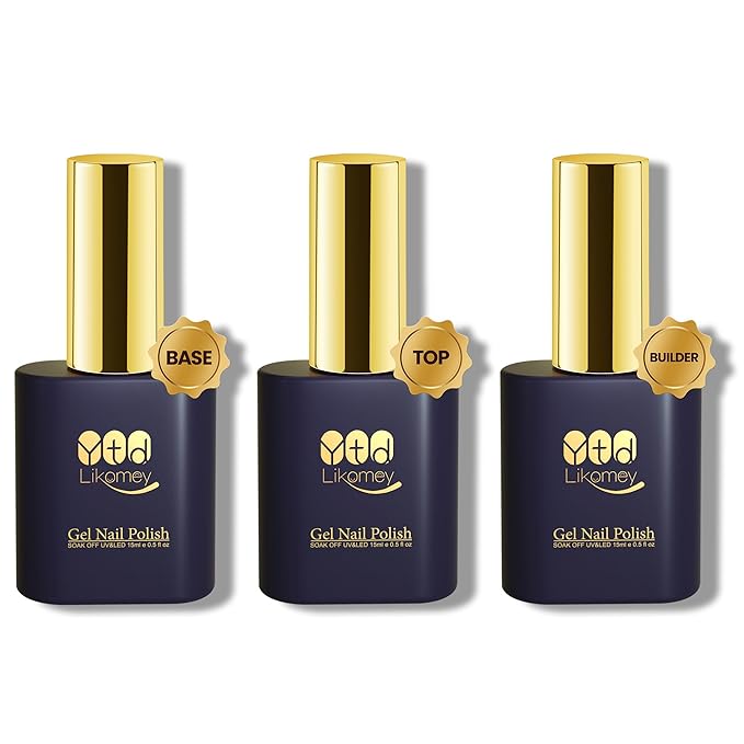 YTD Likomey Gel Nail Polish Base Coat Top Coat Builder Gel Set,3 Pcs 15ml No Wipe High Glossy Multi-Function Extension Long Lasting Reinforce Shaping Hard UV Nail Varnish Kit,HEMA Free