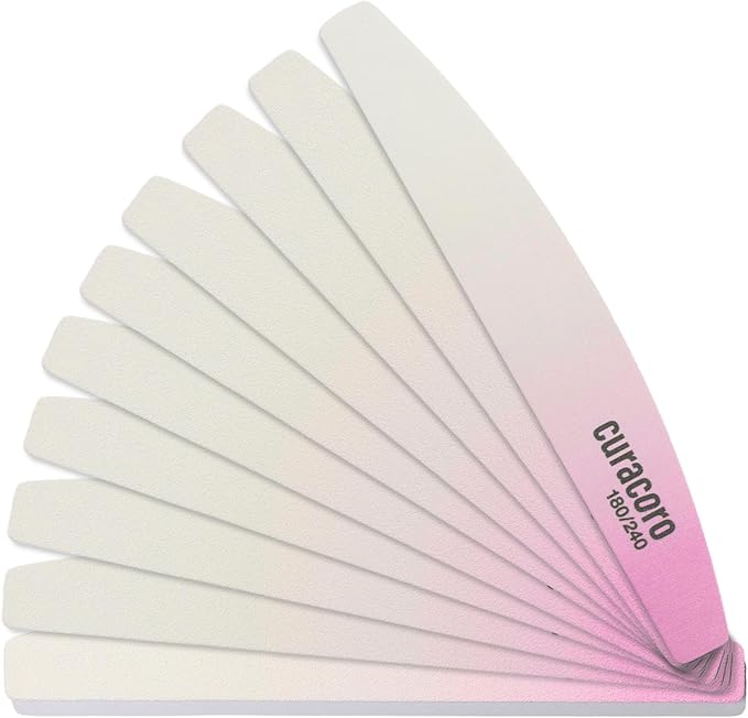 Curacoro 10 PCS Nail File - Professional Half-Moon Nail Files Double Sided Emery Board (180/240 Grit), Washable Nail Files and Buffers, Smooths & Shapes Nails, Manicure & Pedicure Buffing Tools