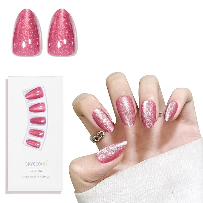 Pink Almond Cat Eyes Press On Nails,12 Sizes - 24 Pcs Soft Gel Pink Medium Fake Nails Kit with Nail Glue, Natural Reusable Stick On False Nails for Women and Girls SK1028