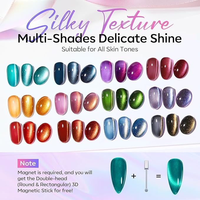 modelones 12Pcs 15ML Cat Eye Gel Nail Polish Set, Same Color Same Bottle Glitter Pink Red Green Purple Blue Cateye Gel Polish Set with Magnet Sparkle Series Hema-free Gel Polish Kit Soak Off Nail Art