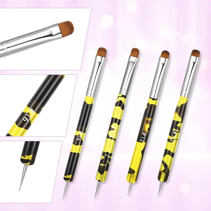 4pcs French Tip Brush for Nails French Gel Acrylic Nail Art Brush Two Way Professional Nail Art Brush with Dotting Tool for Cuticle Clean up Detailed Designs Nail Dotting Pen (10#, 12#, 14#, 16#)