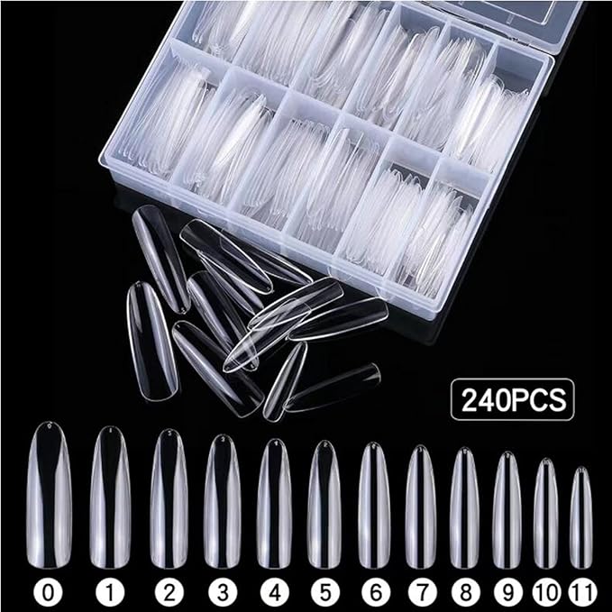 LoveOurHome 240pc XL Clear Almond Acrylic Nail Tips Full Cover Extra Long Fake Nails Oval Press on Nail Clear 12 Size False Naills for Gel Nail Extension Finernails Designs