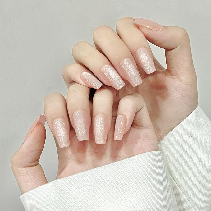 Cat Eyes Press On Nails,12 Sizes-24 Pcs Soft Gel Champagne Medium Coffin Fake Nails Kit with Nail Glue, Natural Reusable Stick On False Nails for Women and Girls (Skycloud Golden Yellow Nails) SK0823