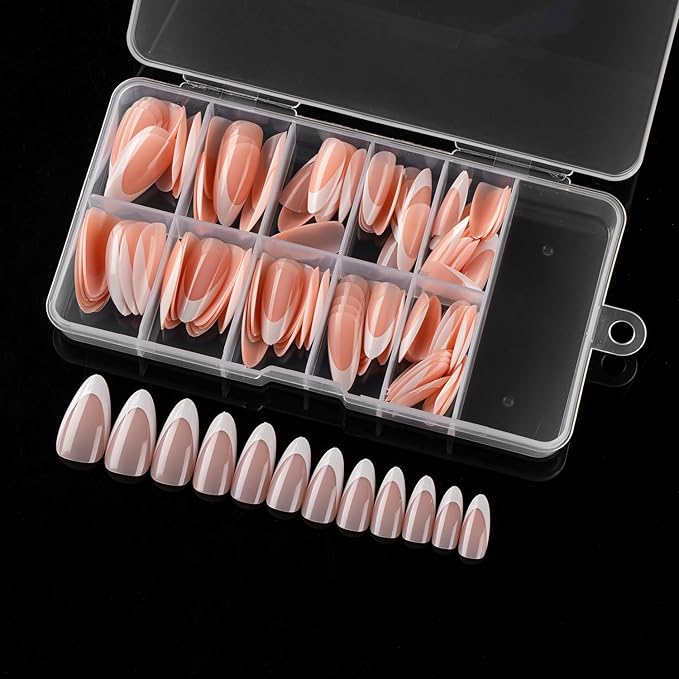 AddFavor 120pcs French Tip Press on Nails Medium Almond Fake Nails White French Tip Nails Gel Glossy Nude Nails Press on Artificial False Nail with Adhesive Tab for Women Girls