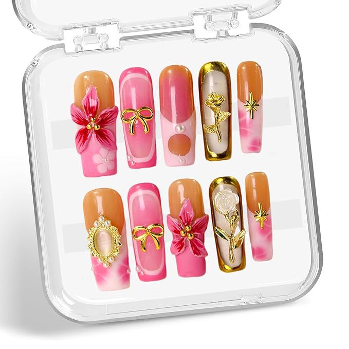 Handmade Press on Nails Long Square Fake Nails French False Nails with Golden Rose & 3D Flower Luxury Pearl Bow Thickened Acrylic Nails Design Full Cover Flower Press on Nail for Women Nail Art（M)